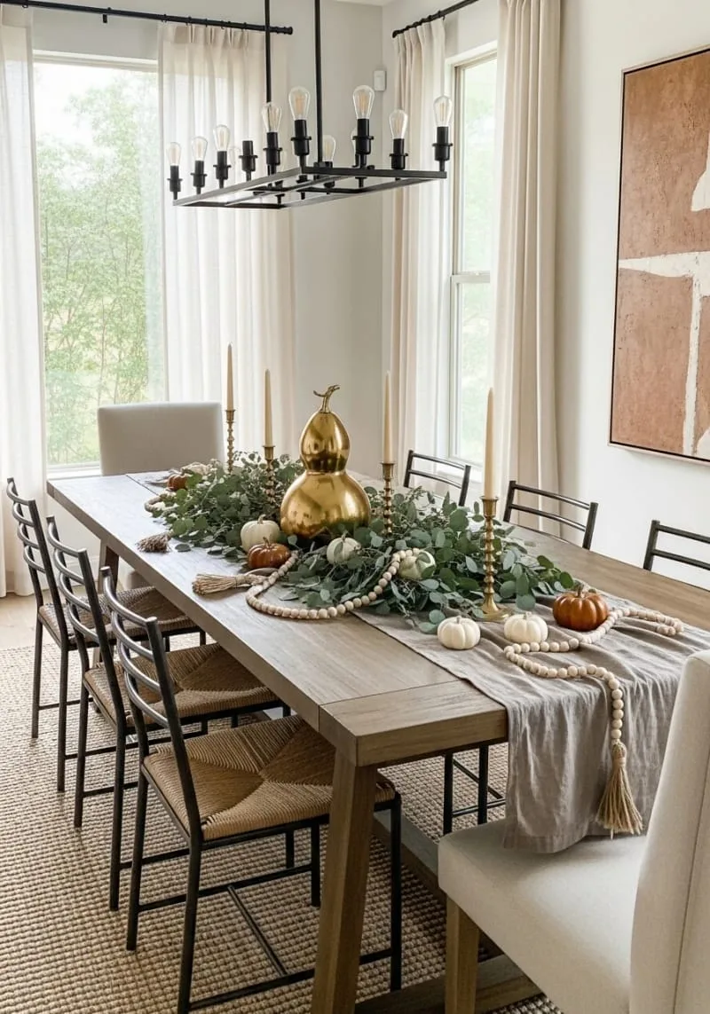 gilded gourd centerpiece with eucalyptus and wooden beads 1
