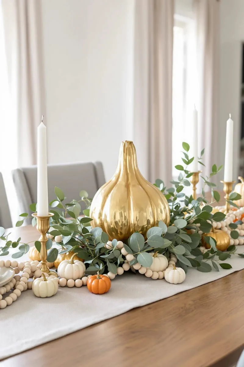 gilded gourd centerpiece with eucalyptus and wooden beads 1