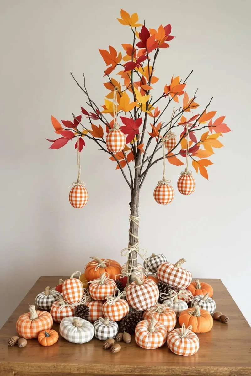 gingham fabric pumpkins and raffia bows as quirky touches 1