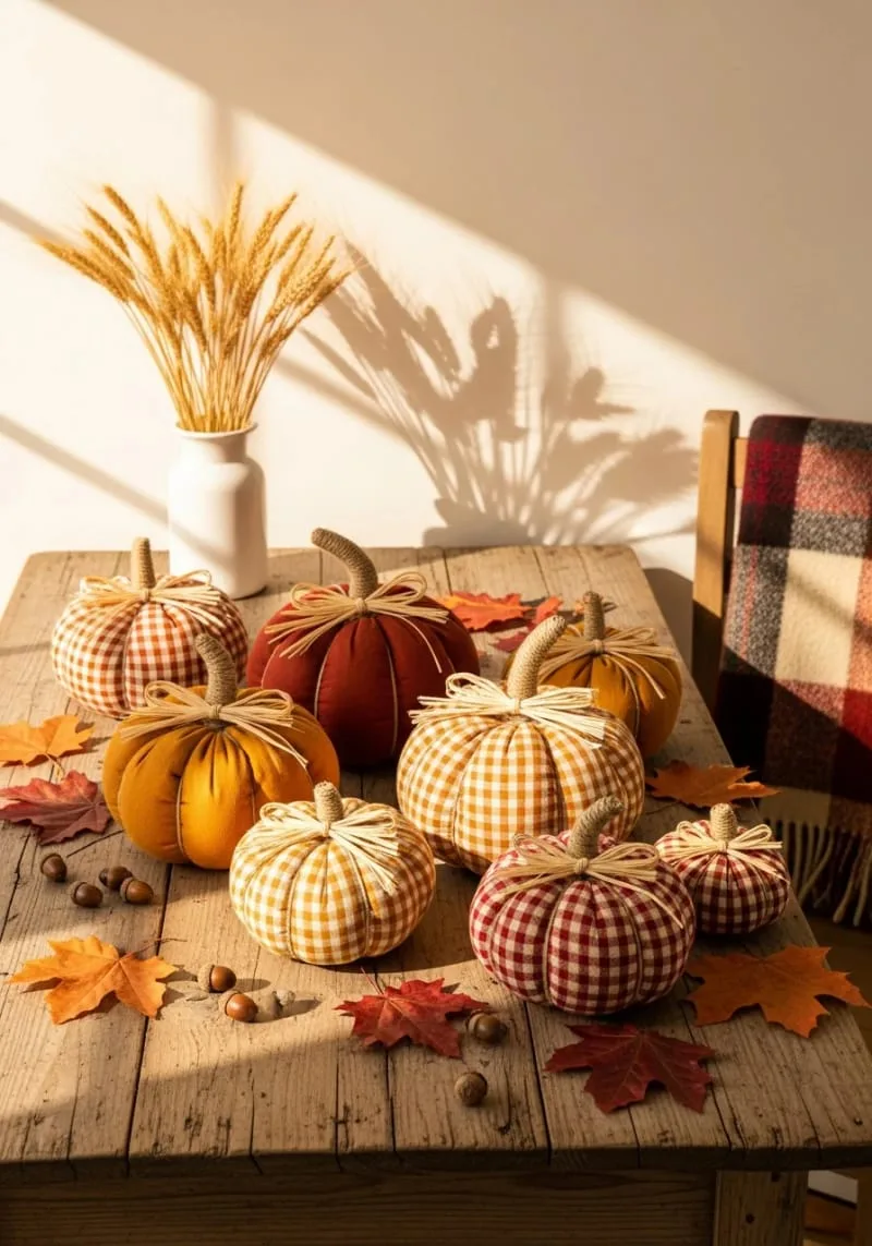 gingham fabric pumpkins and raffia bows as quirky touches 1