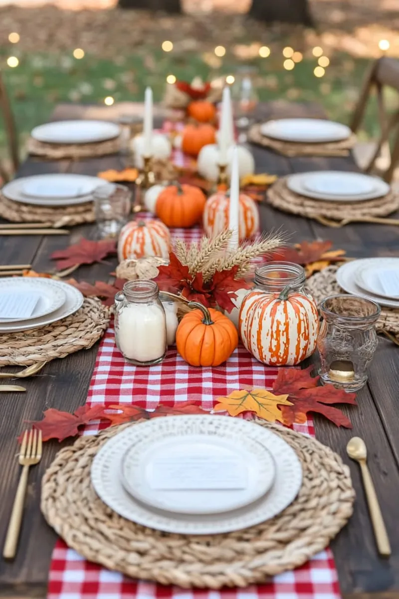 gingham table runners with tiny pumpkins and gourds 1