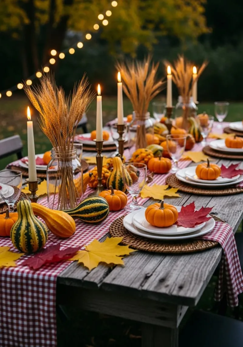 gingham table runners with tiny pumpkins and gourds 1