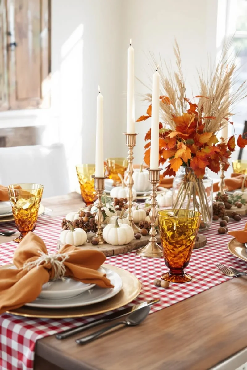 gingham tablecloth paired with copper candlestick holders 1 gingham tablecloth paired with copper candlestick holders 1