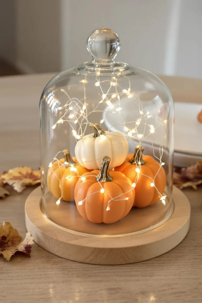 glass cloche display of mini pumpkins and twinkle lights 1 glass cloche display of mini pumpkins and twinkle lights 1