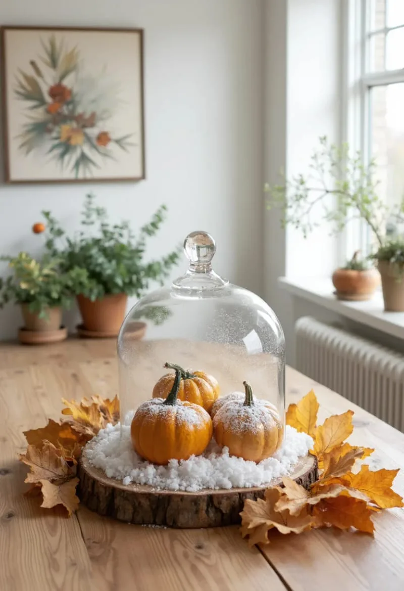 glass cloche display with tiny snow-dusted gourds 1 glass cloche display with tiny snow-dusted gourds 1
