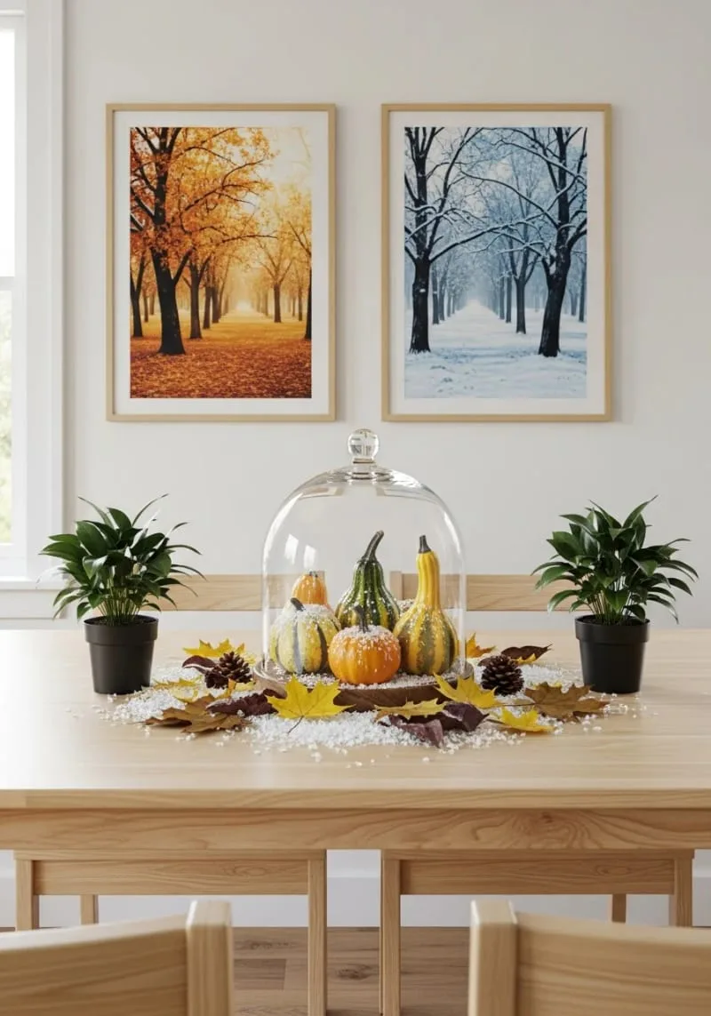 glass cloche display with tiny snow-dusted gourds 1 glass cloche display with tiny snow-dusted gourds 1