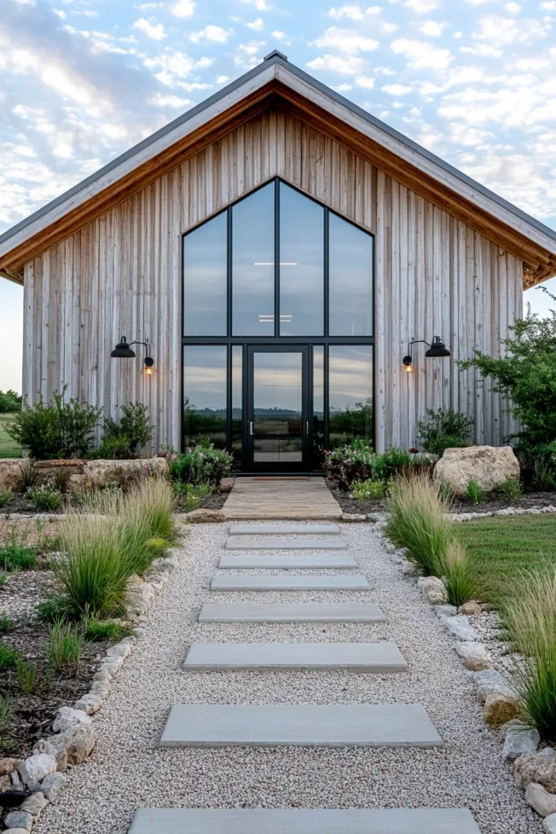glass front doors framed by rustic wooden posts and gravel walkway 1