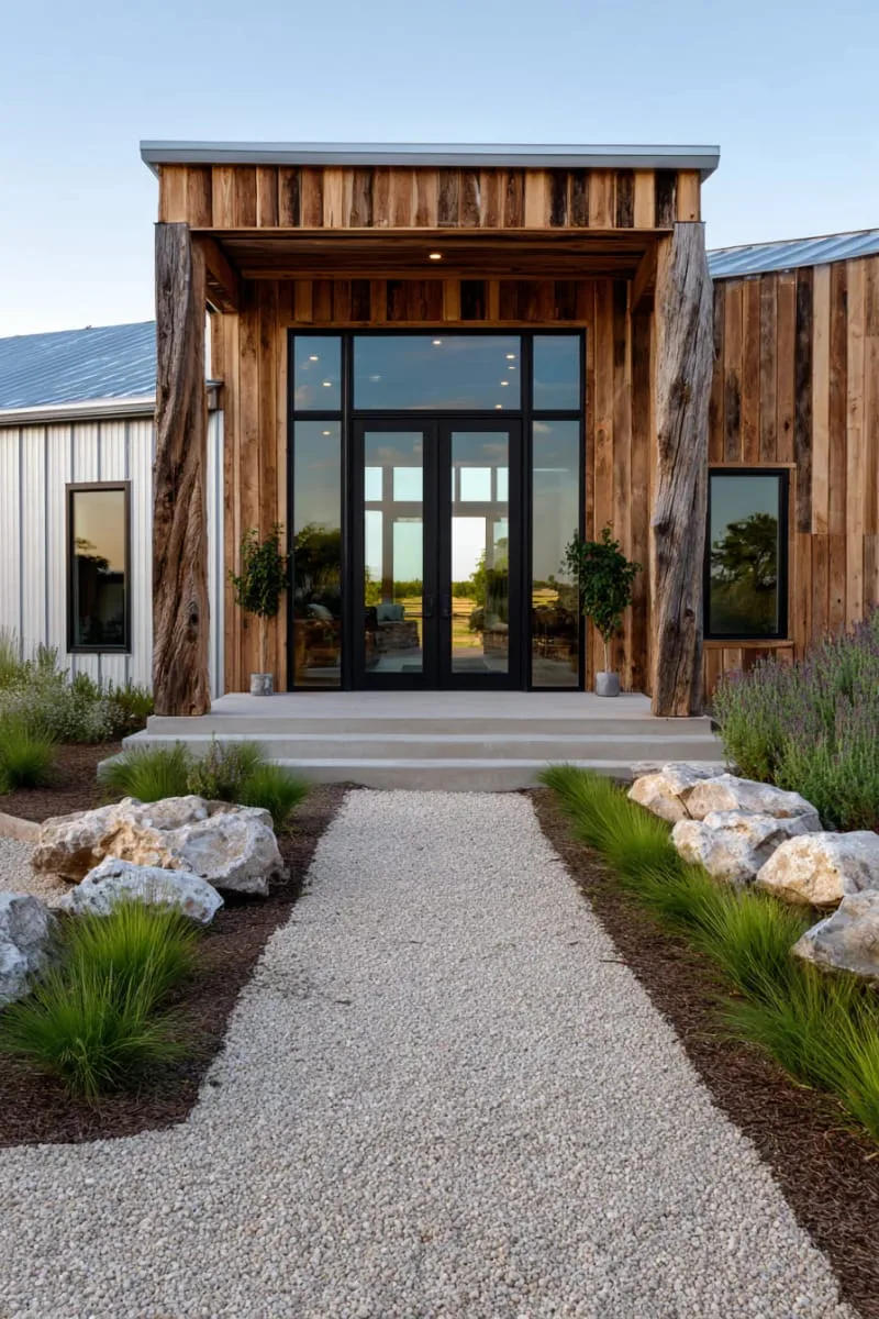 glass front doors framed by rustic wooden posts and gravel walkway 1