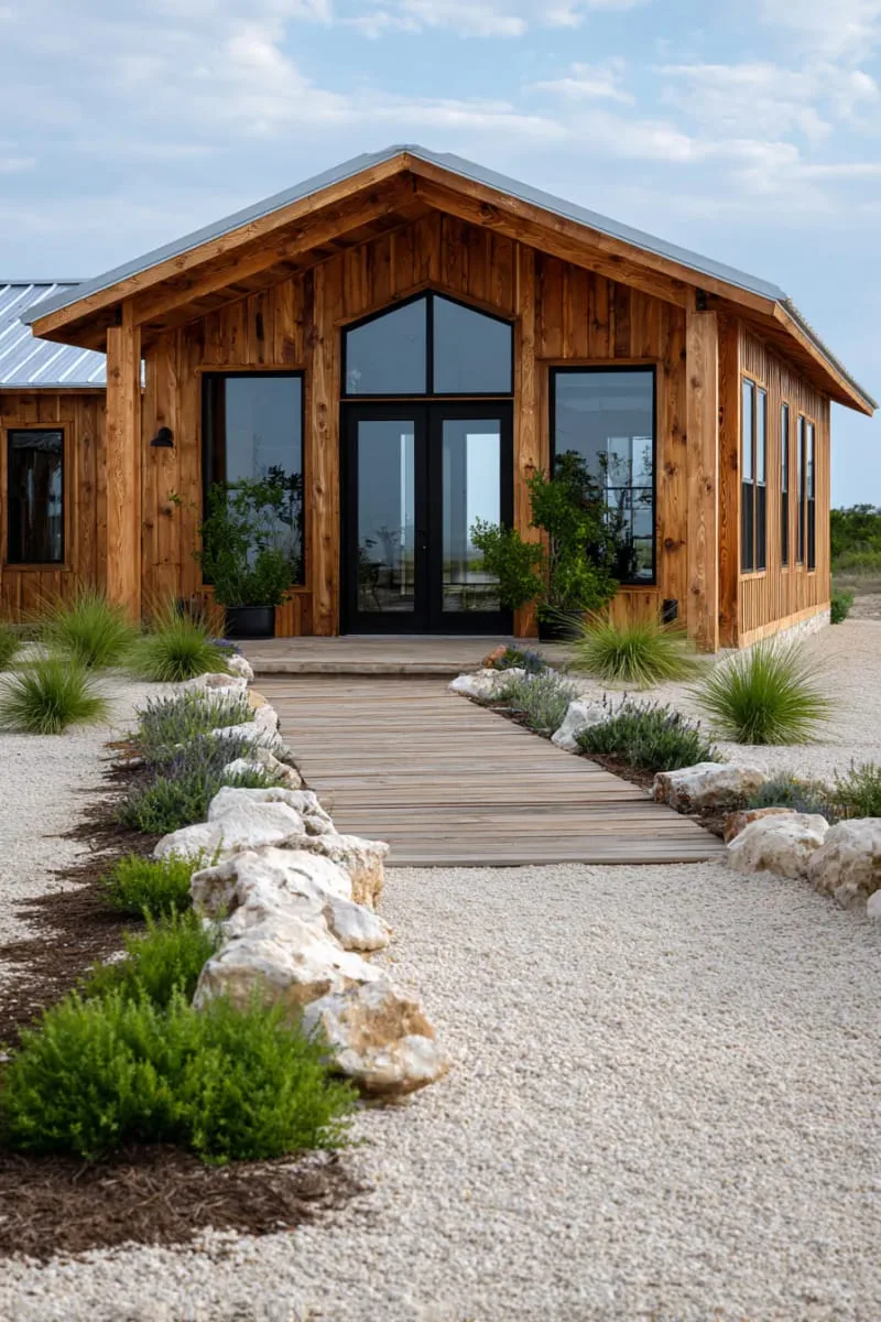 glass front doors framed by rustic wooden posts and gravel walkway 1