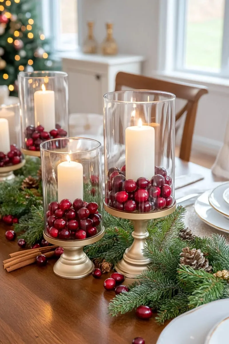 glass hurricane vases filled with cranberries and floating candles 1