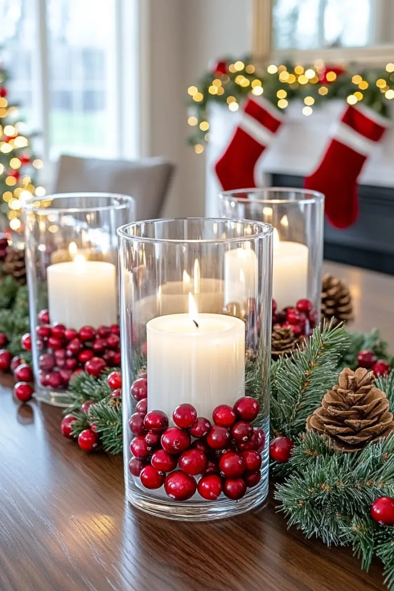 glass hurricane vases filled with cranberries and floating candles 1