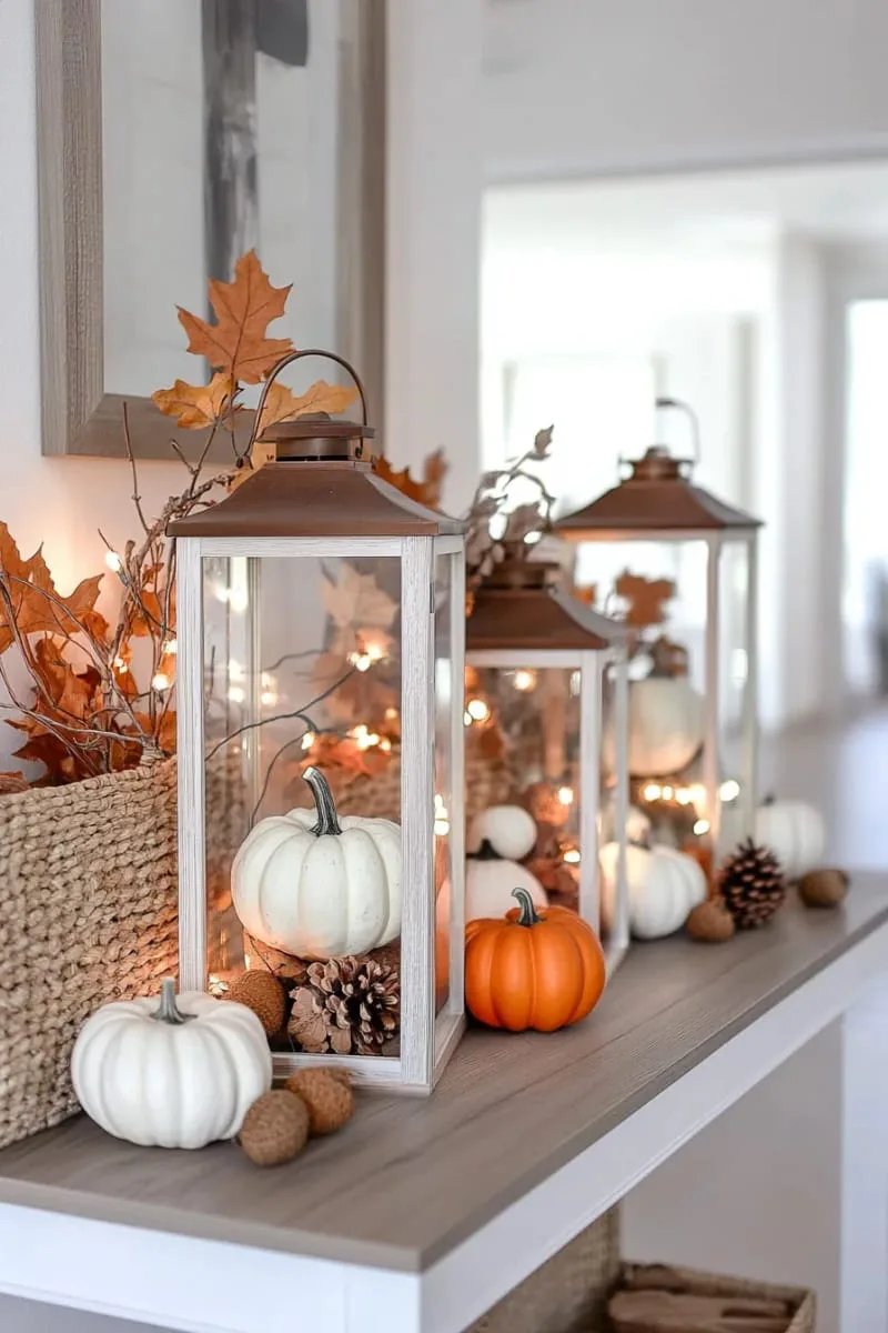glass lanterns stuffed with mini pumpkins and acorns 1