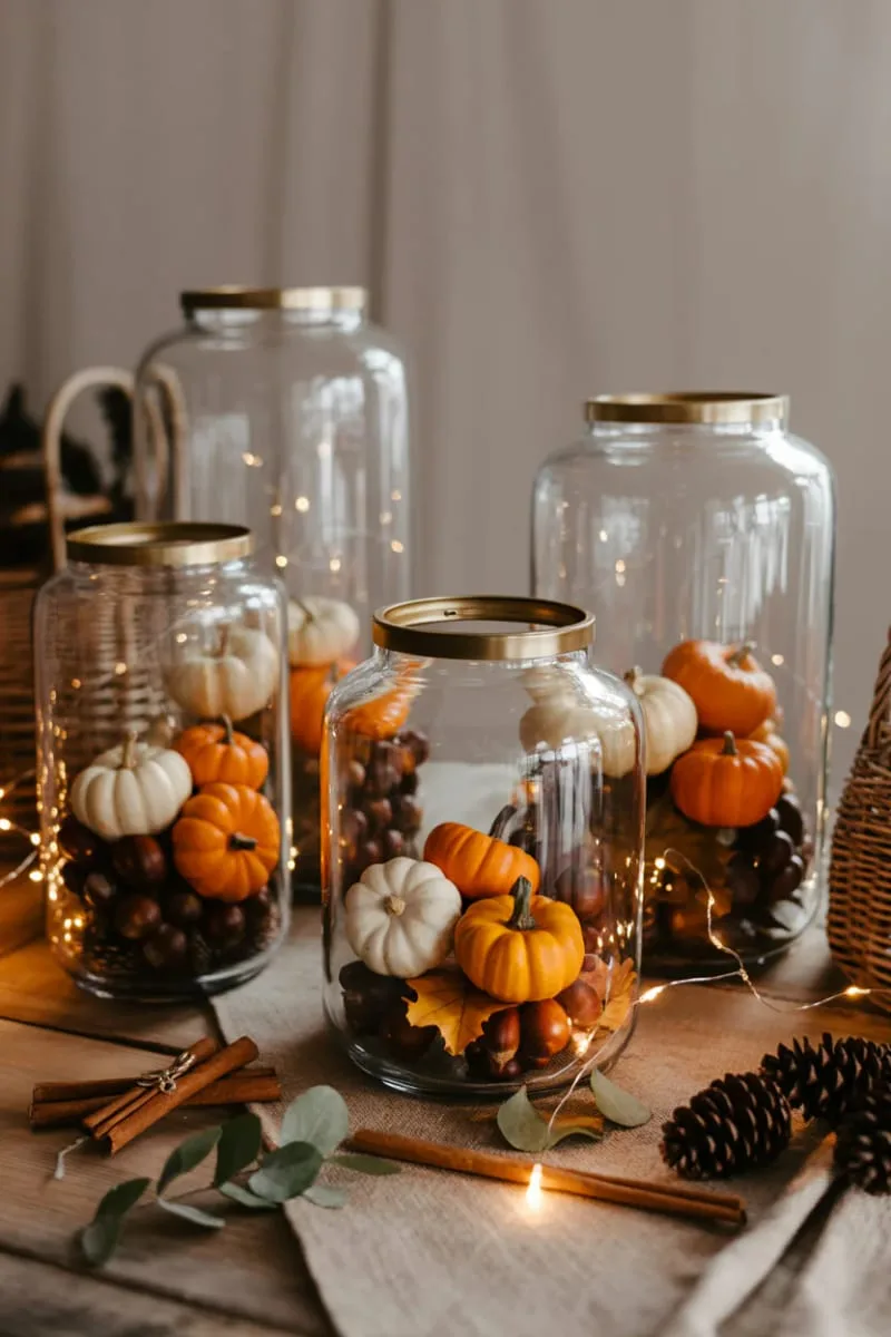 glass lanterns stuffed with mini pumpkins and acorns 1