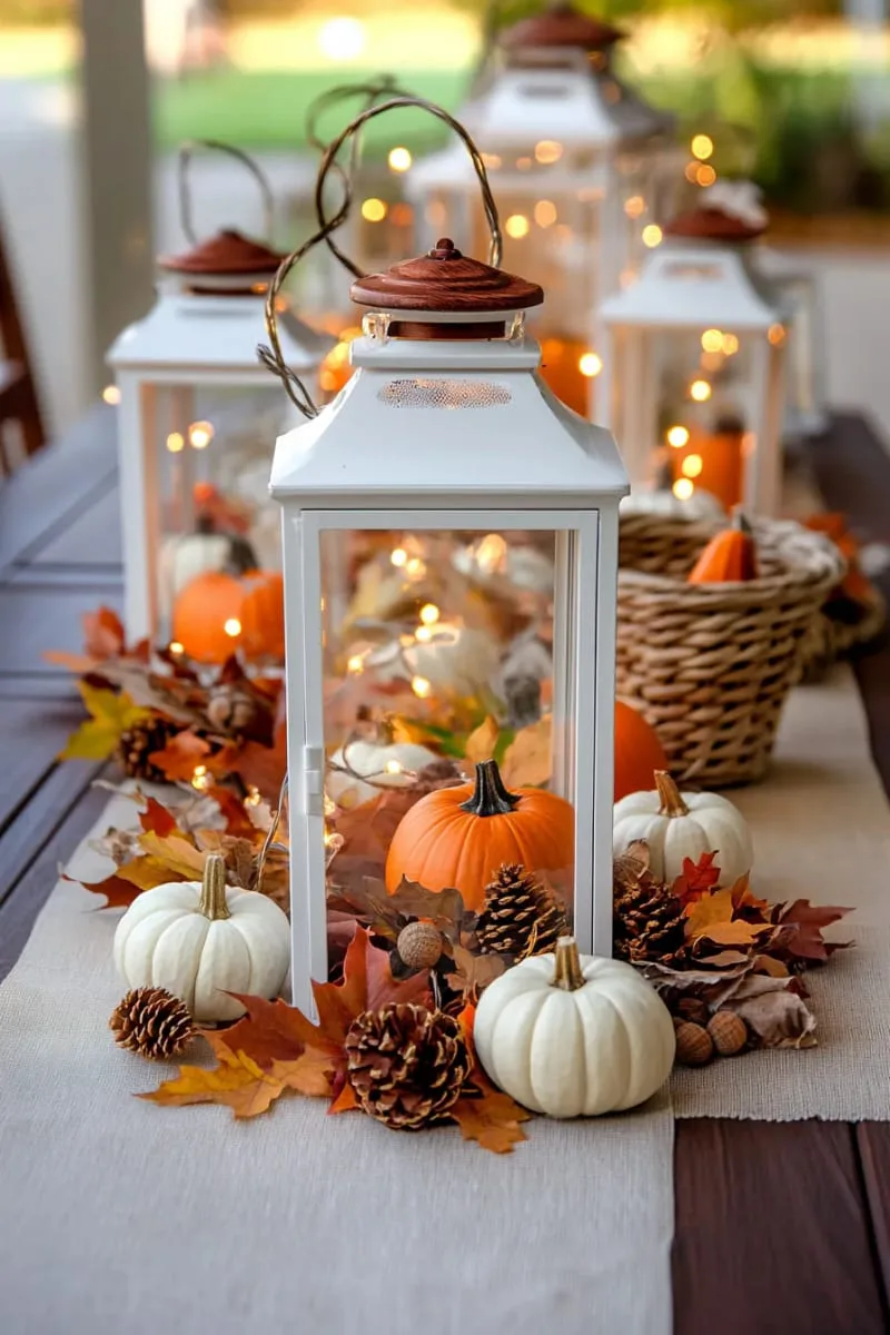 glass lanterns stuffed with mini pumpkins and acorns 1