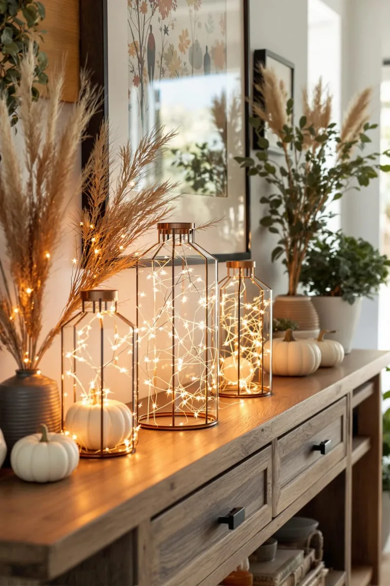 glass lanterns with copper fairy lights on entry tables 1