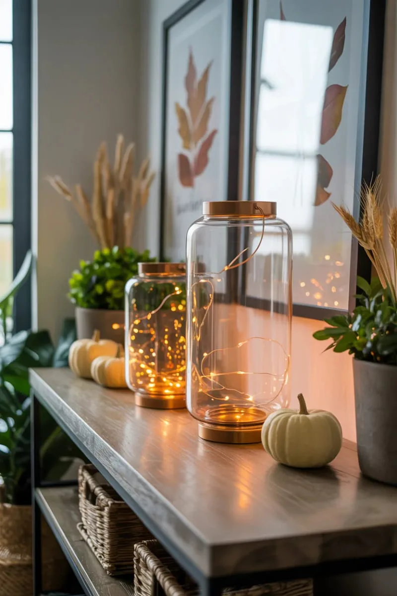 glass lanterns with copper fairy lights on entry tables 1