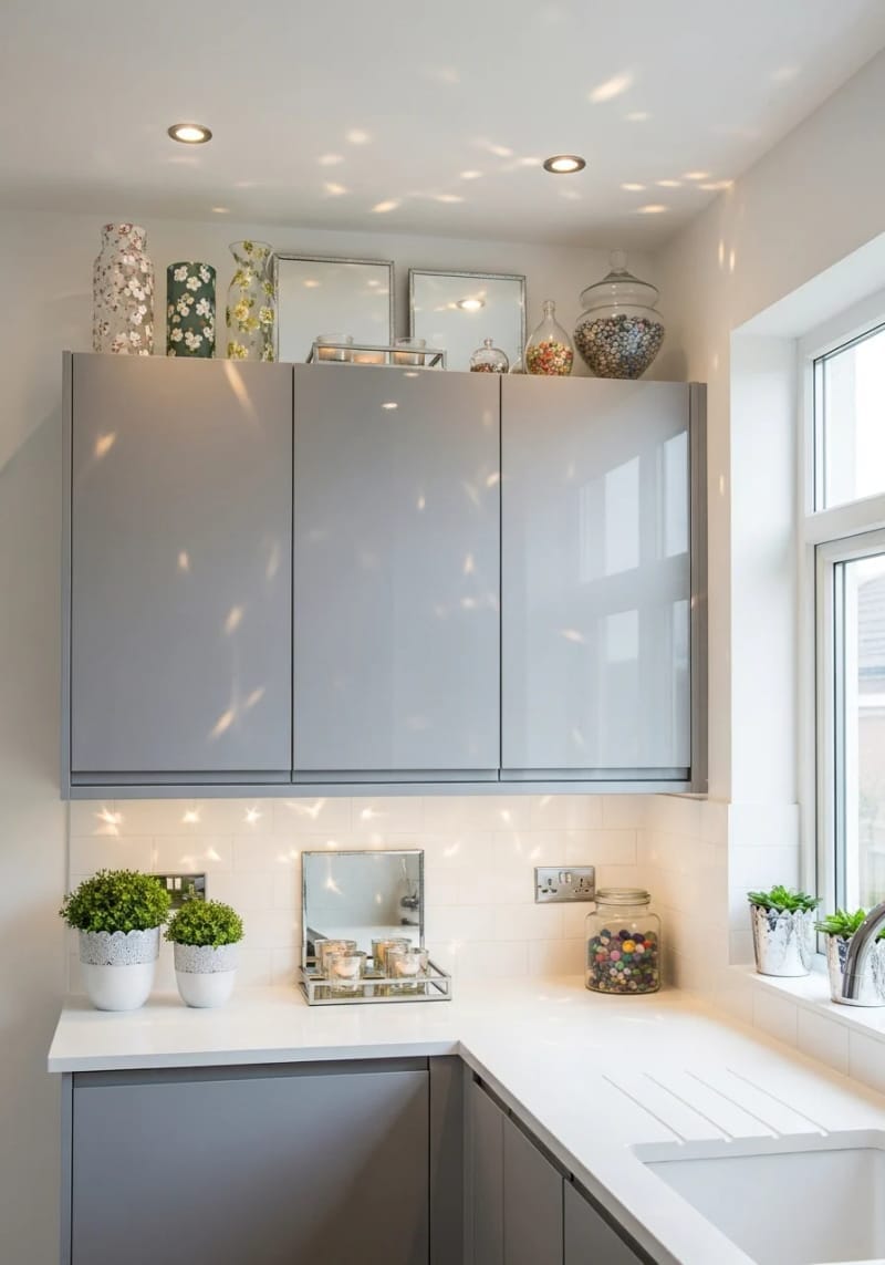 glass or mirrored accents reflecting light above compact kitchen cabinets 1