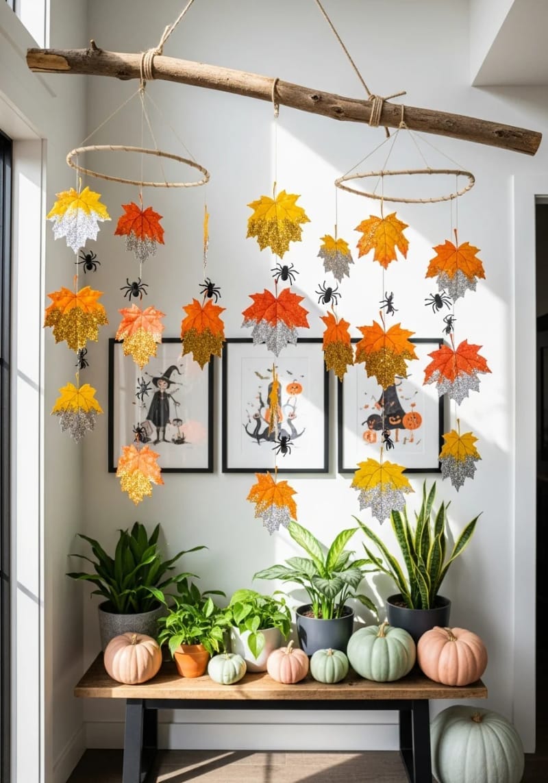 glitter-dipped autumn leaf and spider mobiles 1