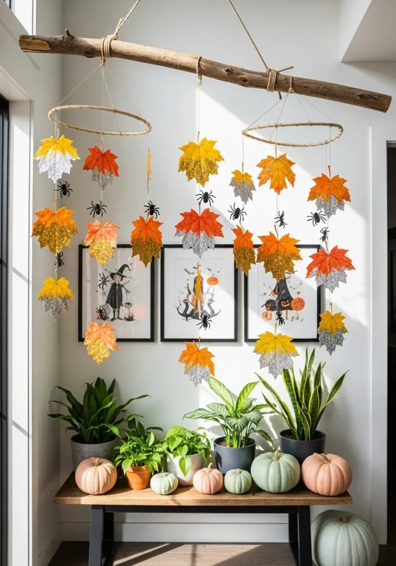 glitter-dipped autumn leaf and spider mobiles 1