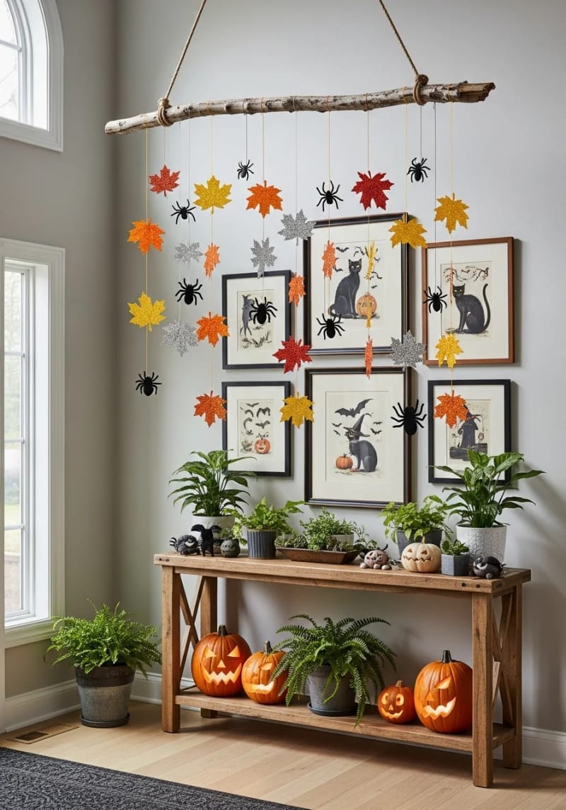 glitter-dipped autumn leaf and spider mobiles 1