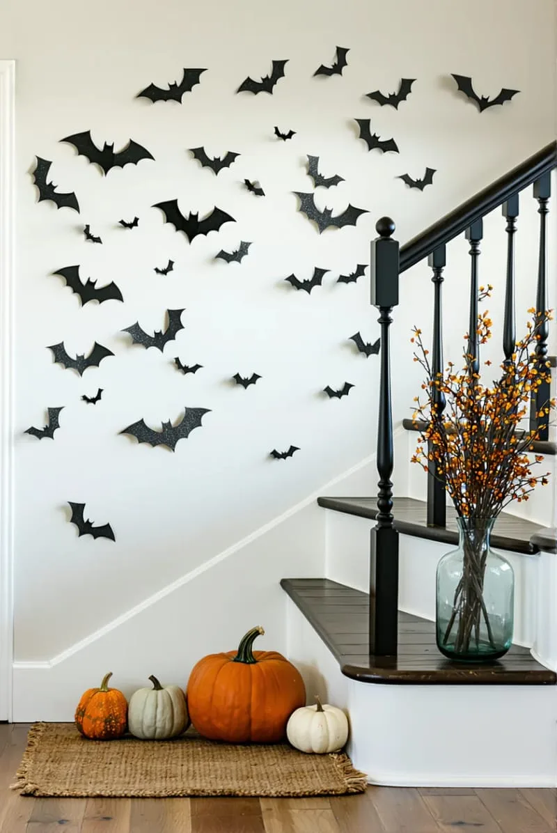 glittery bats taped on stairway walls for a magical touch 1