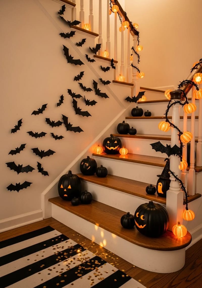 21 Simple Halloween Decorations for an Easy Seasonal Touch 62 glittery bats taped on stairway walls for a magical touch 1