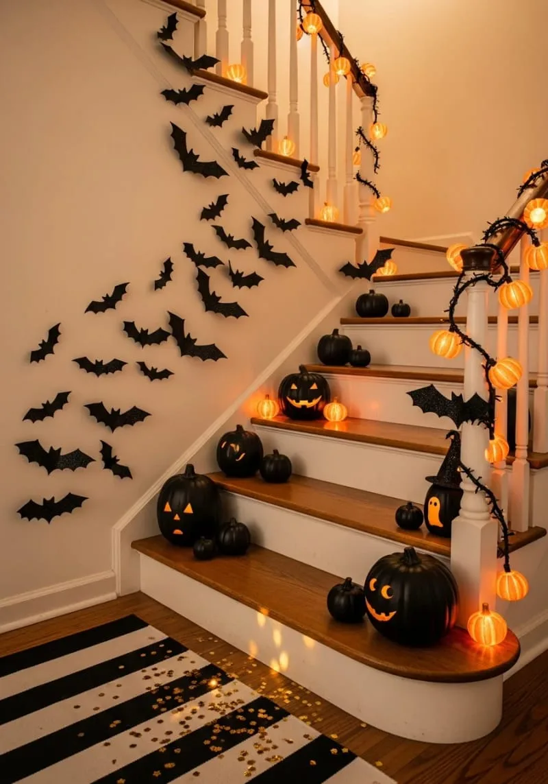 glittery bats taped on stairway walls for a magical touch 1