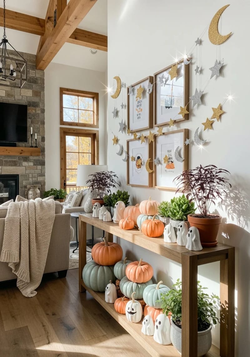 21 Super Cute Halloween Decor Ideas With A Unique Style 48 glittery crescent moon and star garlands 1