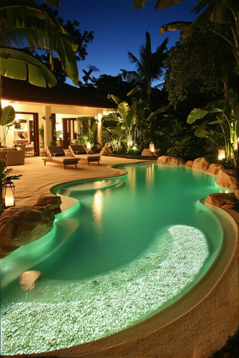 glow-in-the-dark sand path leading into the pool at night 1