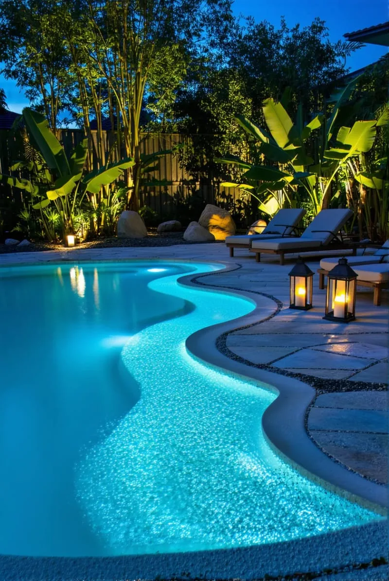 glow-in-the-dark sand path leading into the pool at night 1
