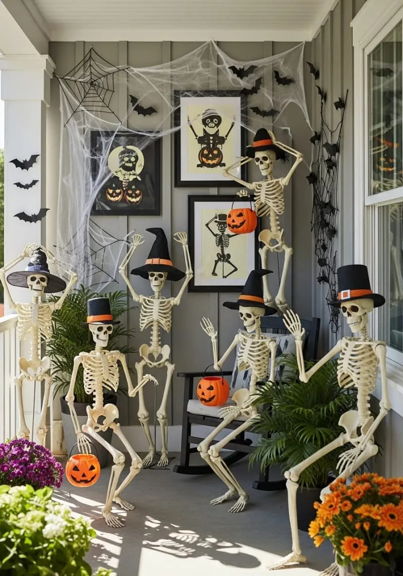 glow-in-the-dark skeletons arranged in playful dance poses 1