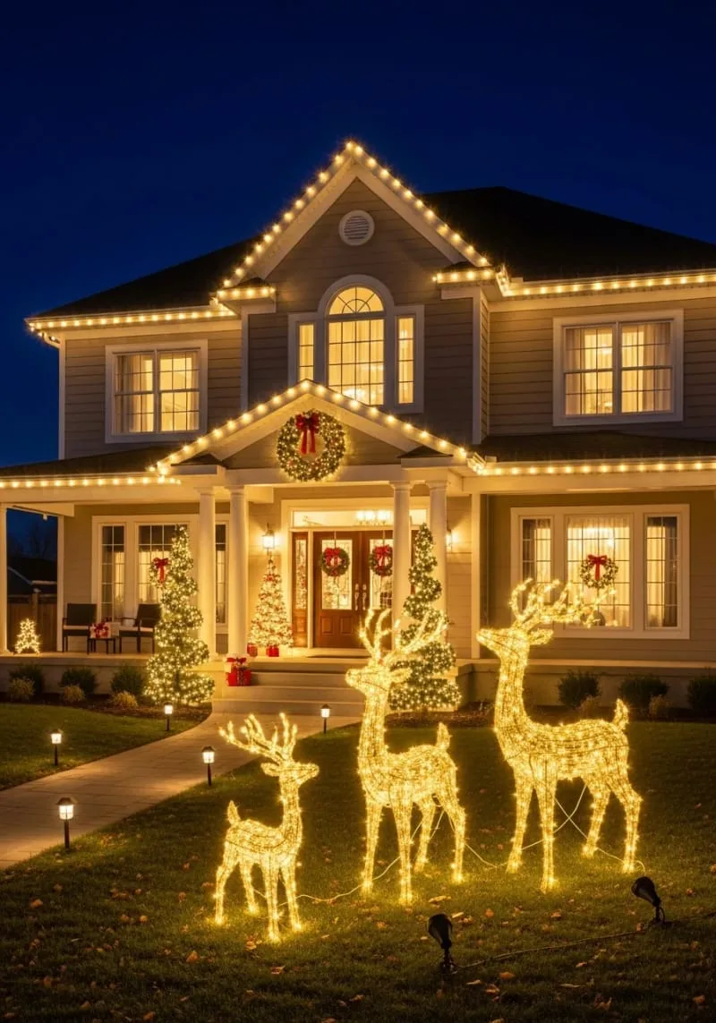 glowing golden reindeer family illuminated by fairy lights on the front lawn 1