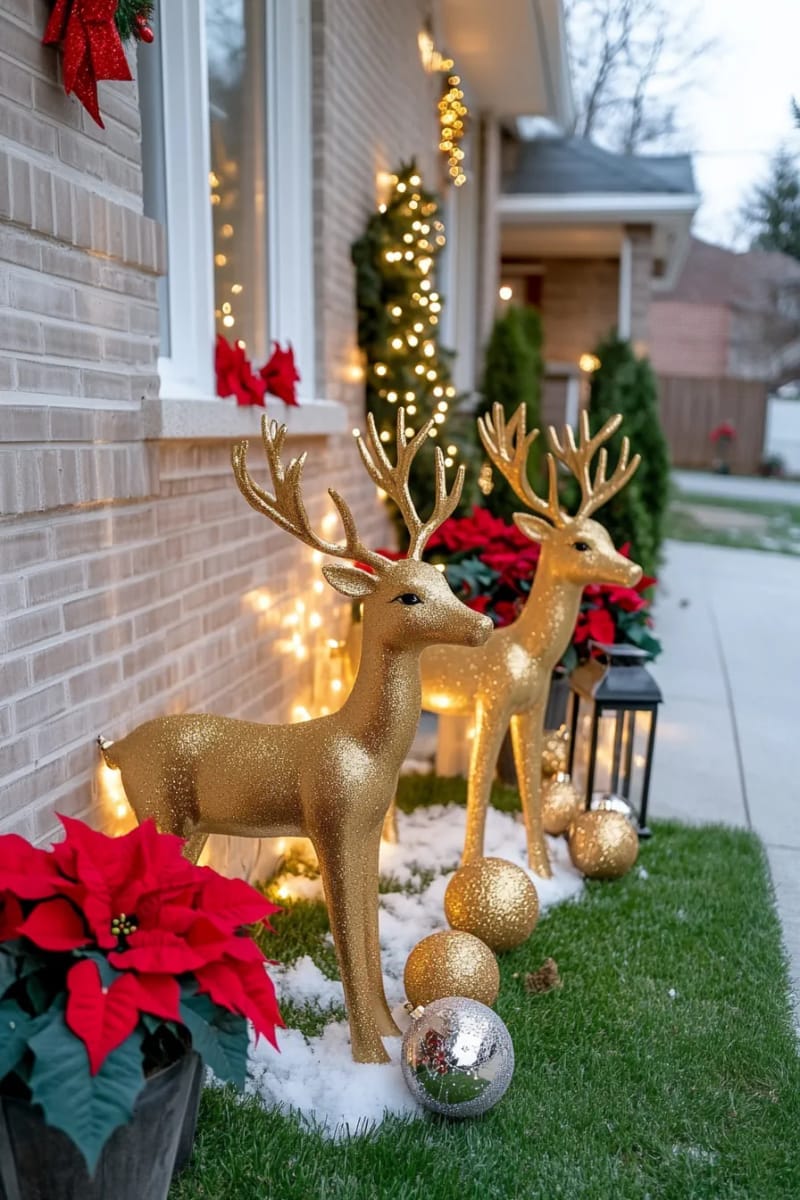 31 Outdoor Christmas Decorations: Ideas for a Magical Welcome 4 glowing golden reindeer family illuminated by fairy lights on the front lawn 1