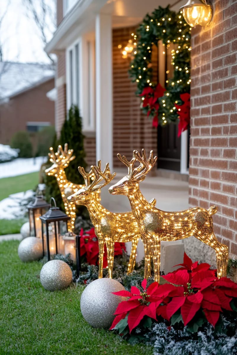 31 Outdoor Christmas Decorations: Ideas for a Magical Welcome 5 glowing golden reindeer family illuminated by fairy lights on the front lawn 1