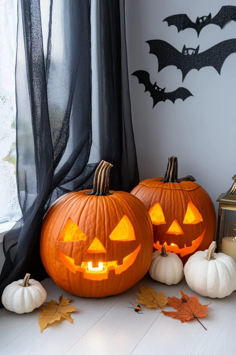 glowing jack-o’-lantern faces peeking from behind black mesh curtains 1