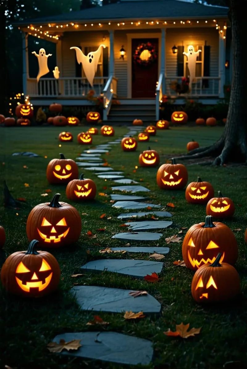 21 Unique Outdoor Halloween Decorations to Try This Year 2 glowing jack-o’-lantern pathway lined with flickering led candles and pumpkins 1