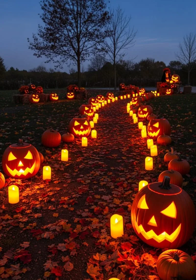 21 Unique Outdoor Halloween Decorations to Try This Year 5 glowing jack-o’-lantern pathway lined with flickering led candles and pumpkins 1