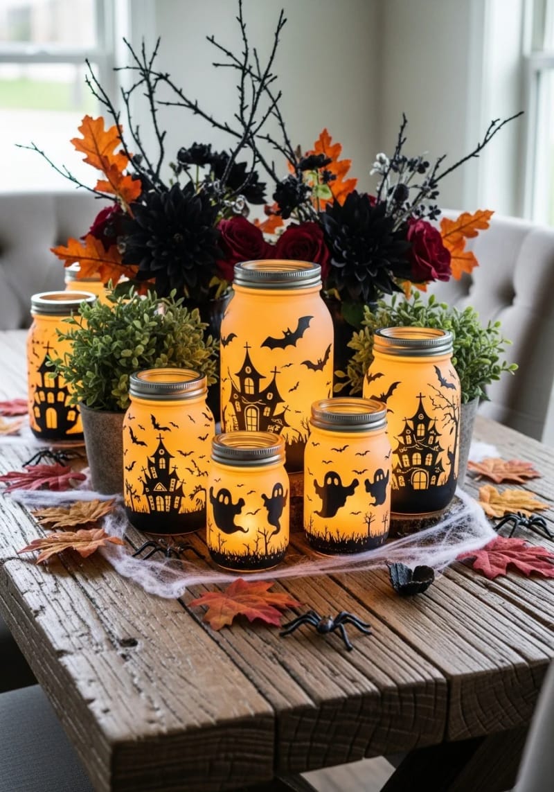 glowing mason jar lanterns painted with ghostly scenes 1