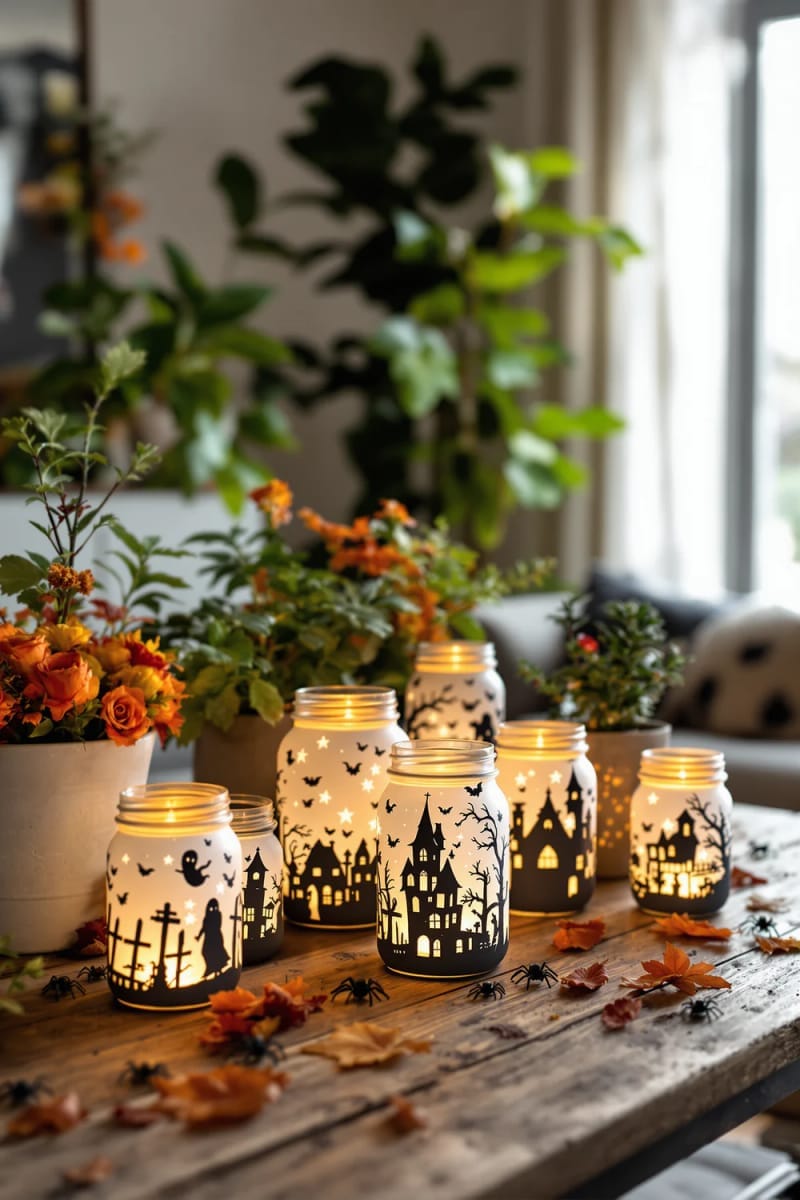 glowing mason jar lanterns painted with ghostly scenes 1