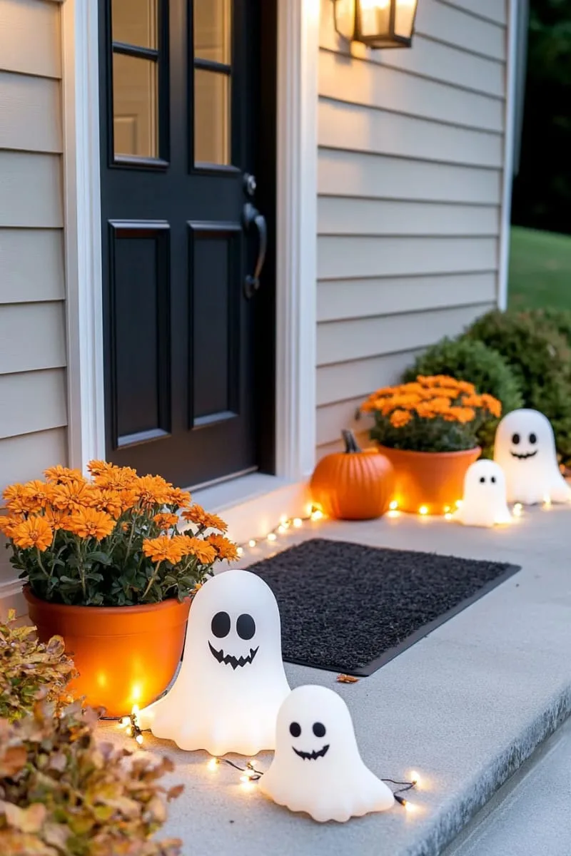21 Creative Halloween Door Decorations: Ideas for a Festive Welcome 9 glowing orange lights with mini ghost lawn ornaments around the entrance 1