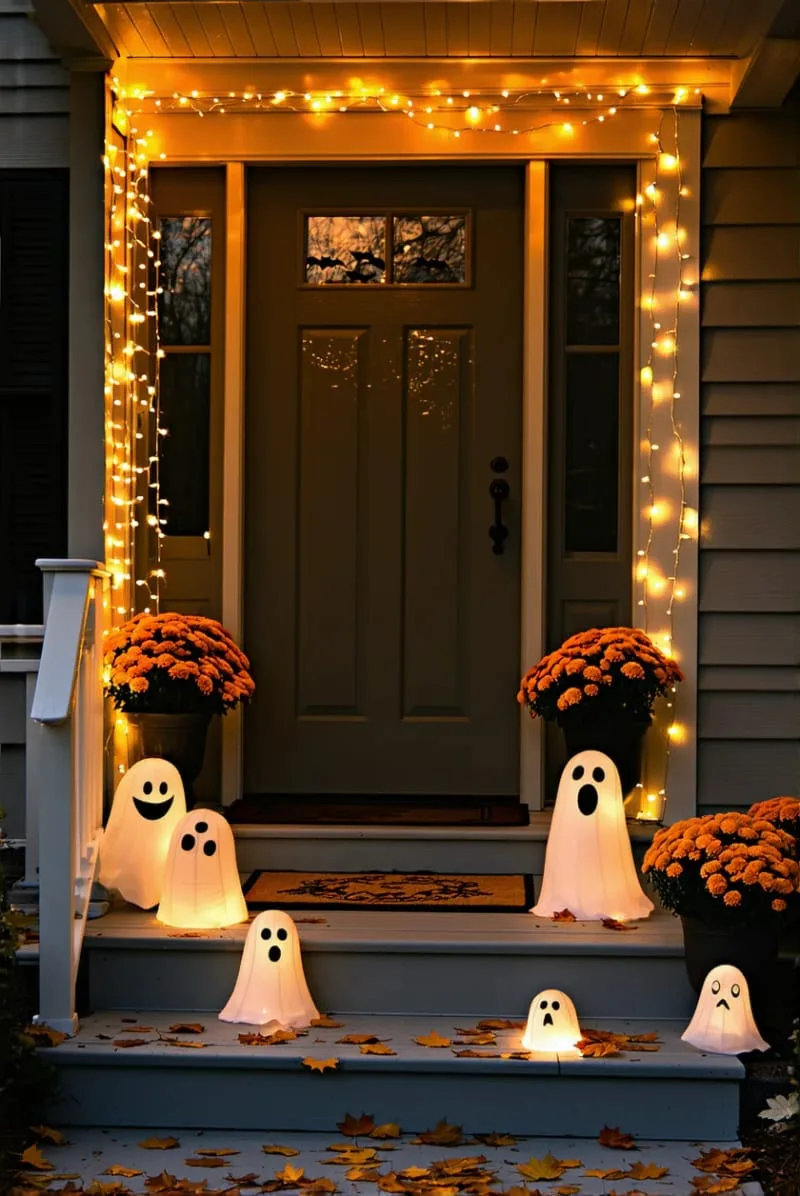 21 Creative Halloween Door Decorations: Ideas for a Festive Welcome 10 glowing orange lights with mini ghost lawn ornaments around the entrance 1