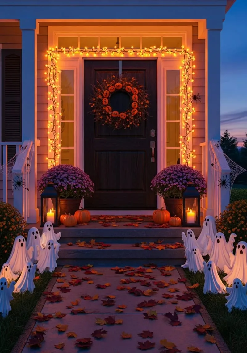 21 Creative Halloween Door Decorations: Ideas for a Festive Welcome 11 glowing orange lights with mini ghost lawn ornaments around the entrance 1