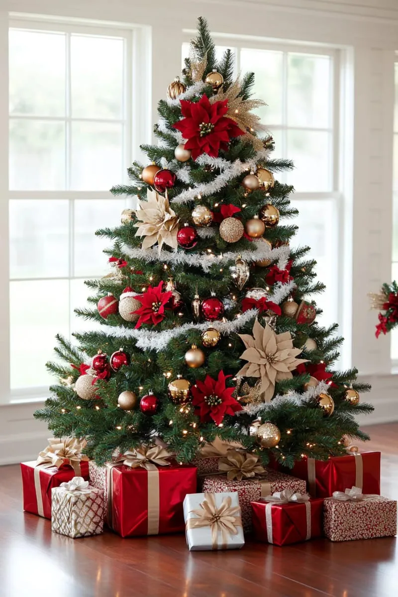 gold and crimson baubles on a stately fir tree 1
