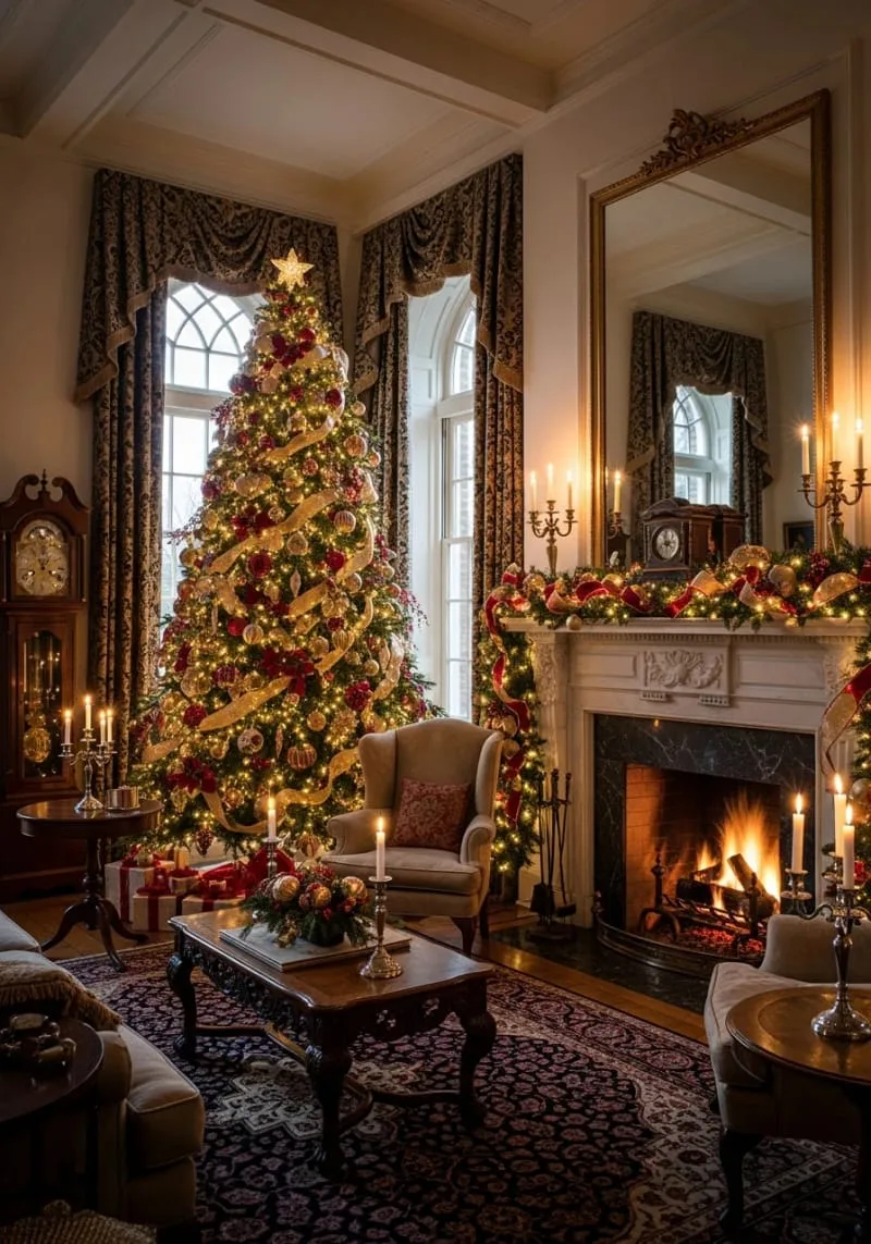 gold and crimson baubles on a stately fir tree 1
