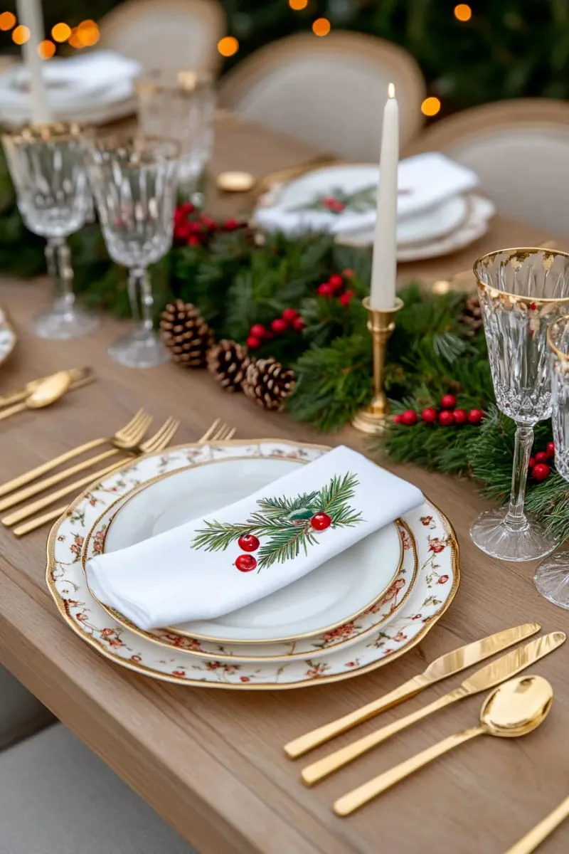gold-edged dinner plates with holly napkin rings for festive table settings 1