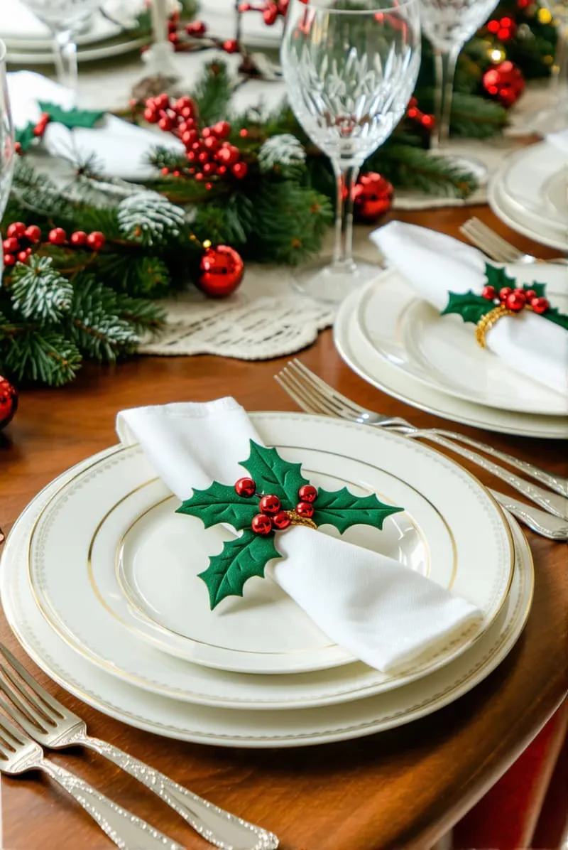 gold-edged dinner plates with holly napkin rings for festive table settings 1