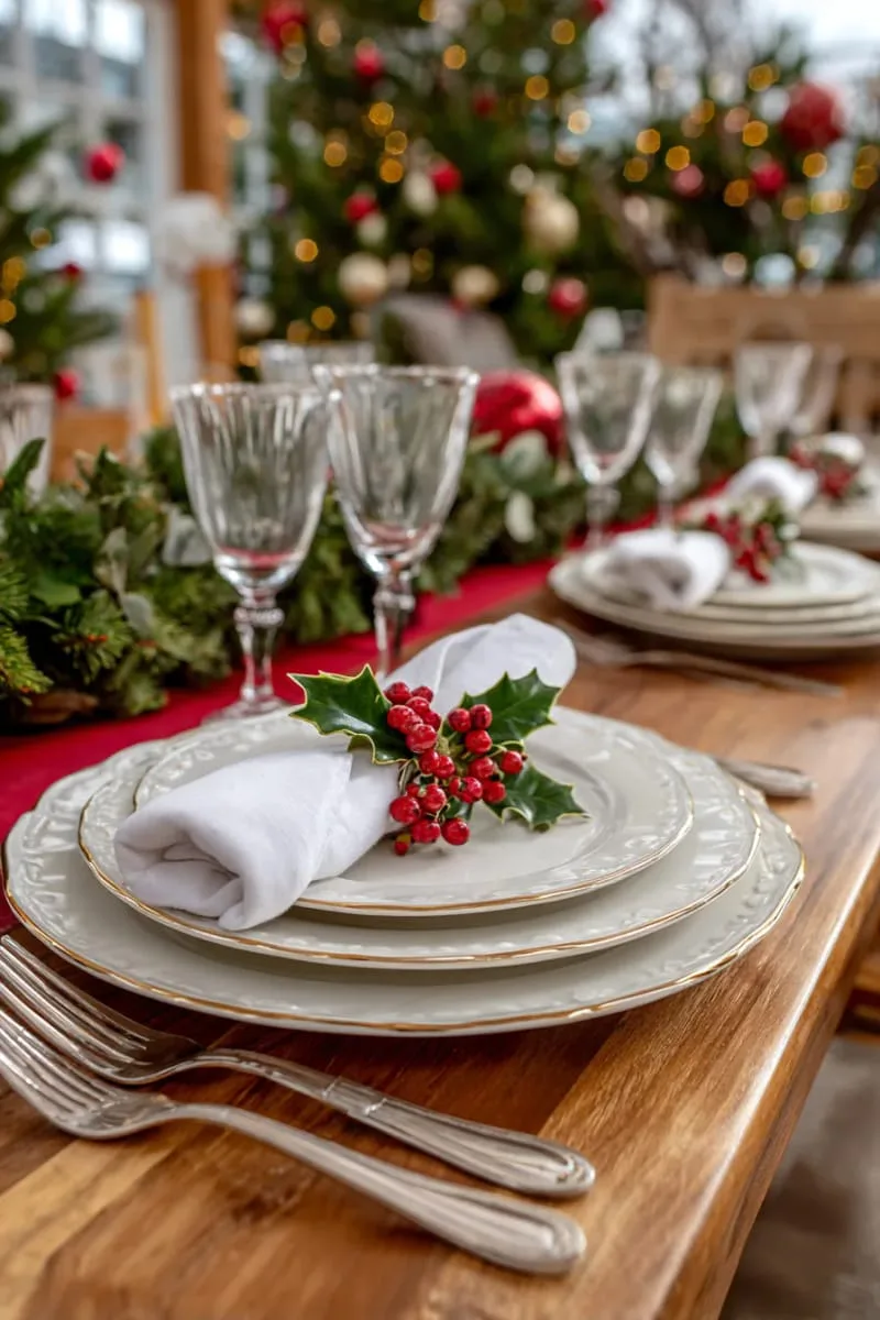 gold-edged dinner plates with holly napkin rings for festive table settings 1