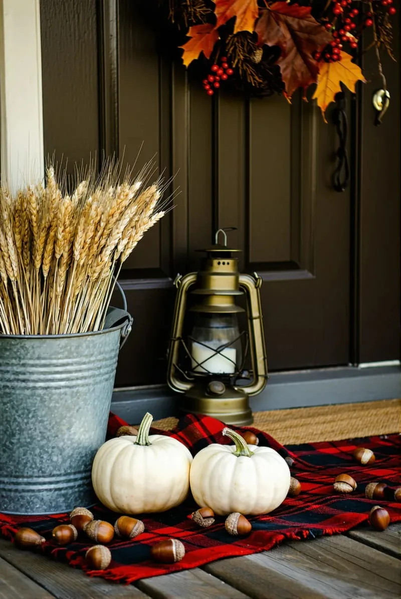 gold-painted acorns scattered on a cozy tartan doormat 1 gold-painted acorns scattered on a cozy tartan doormat 1