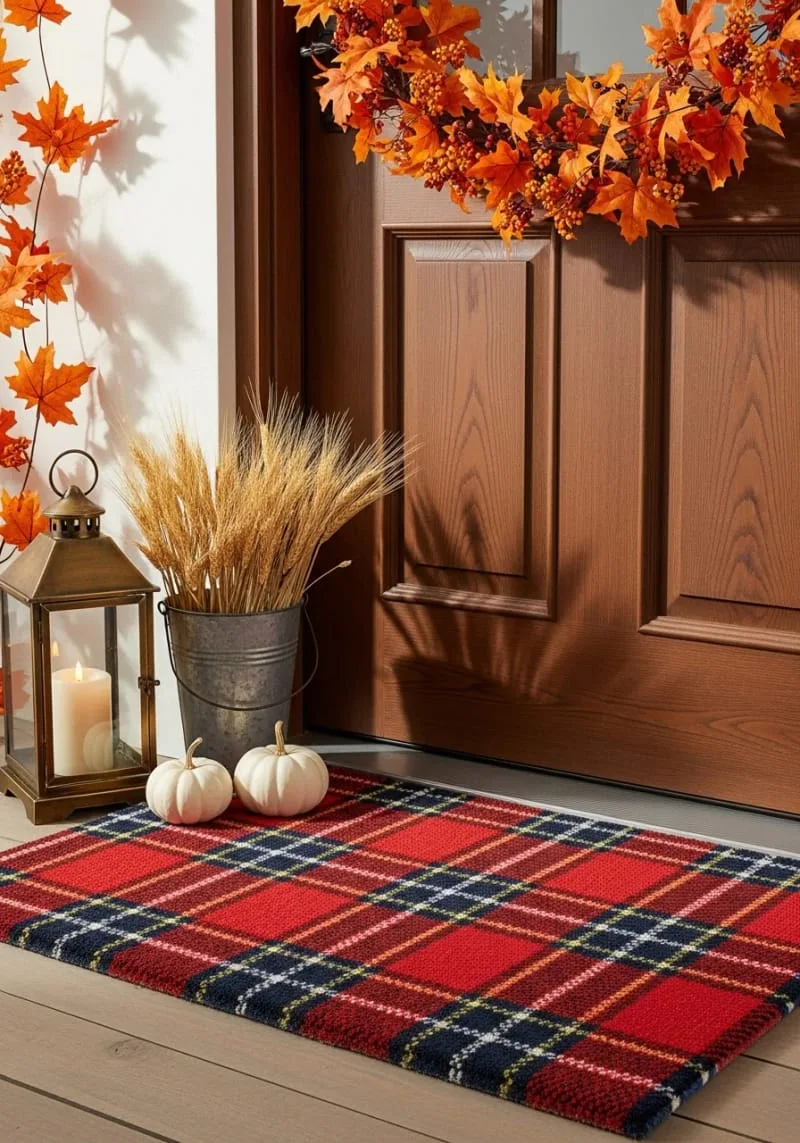 gold-painted acorns scattered on a cozy tartan doormat 1 gold-painted acorns scattered on a cozy tartan doormat 1