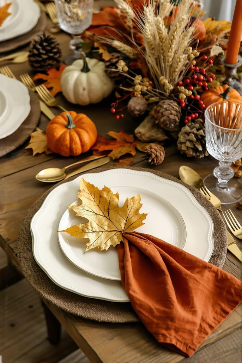 gold spray-painted leaves as place cards for each thanksgiving guest 1